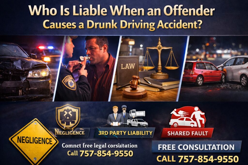 Drunk driving accident liability in Virginia showing DUI crash scene, police test, and legal responsibility concepts