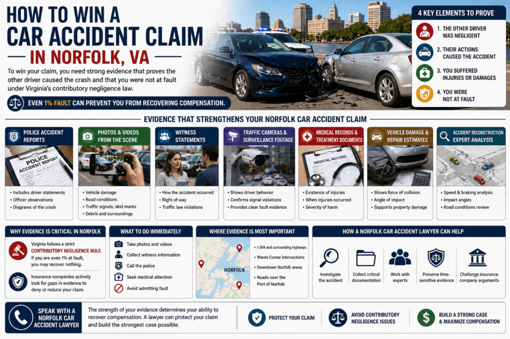 Infographic showing car accident evidence needed to win a claim in Norfolk Virginia including police reports witness statements photos and medical records