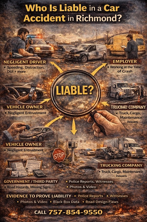 Car accident scene in Richmond showing multiple liable parties including driver, employer, and trucking company