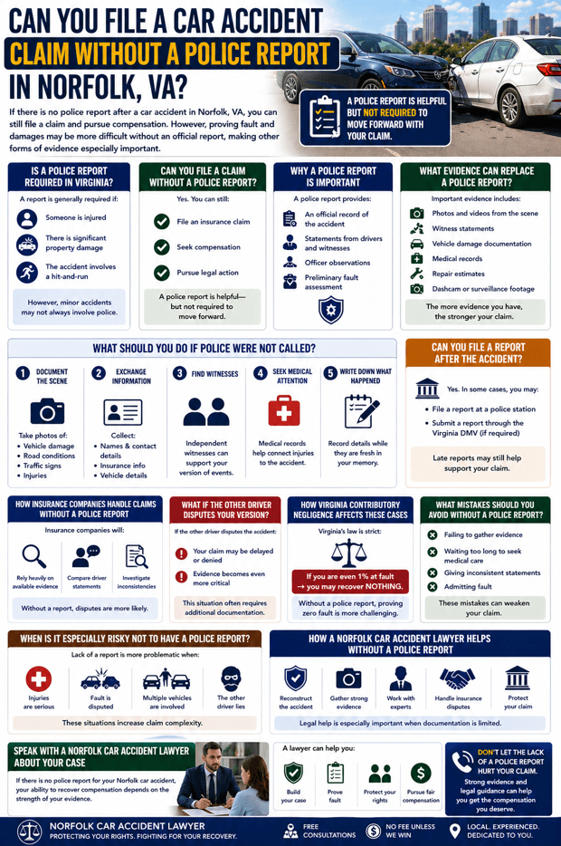 Infographic explaining how to file a car accident claim without a police report in Norfolk Virginia including evidence requirements and claim process