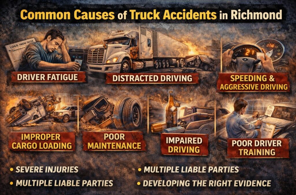 Commercial truck accident on busy Richmond highway showing causes like driver fatigue, speeding, and cargo issues