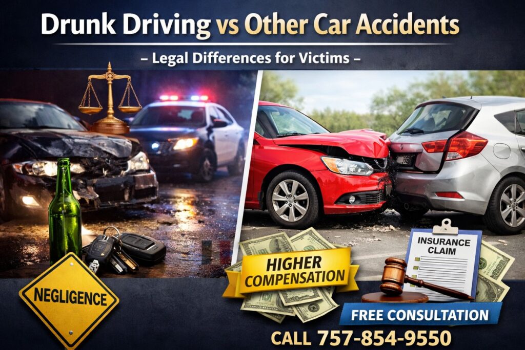 Drunk driving vs other car accidents comparison showing crash scenes, liability, and insurance differences in Virginia