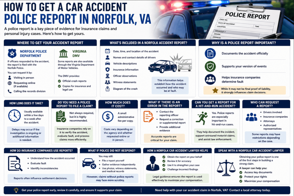 Infographic showing how to get a car accident police report in Norfolk Virginia including where to request it what information is included and why it is important