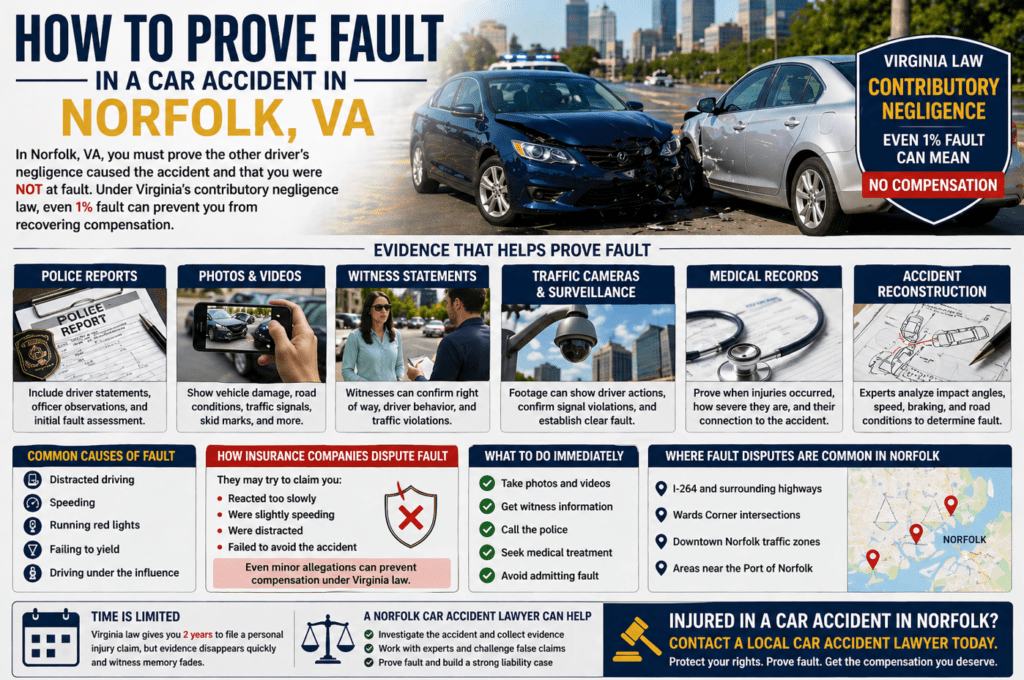 Infographic showing how to prove fault in a car accident in Norfolk Virginia using police reports witness statements photos and traffic camera evidence