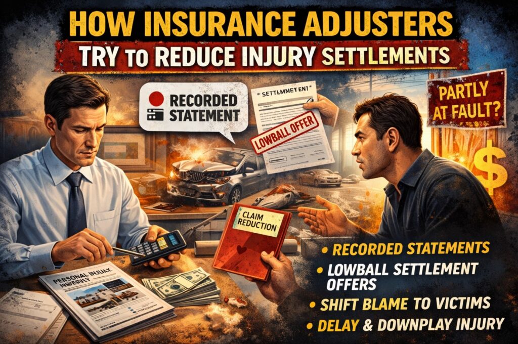 Insurance adjuster reviewing accident claim paperwork while attempting to reduce injury settlement value