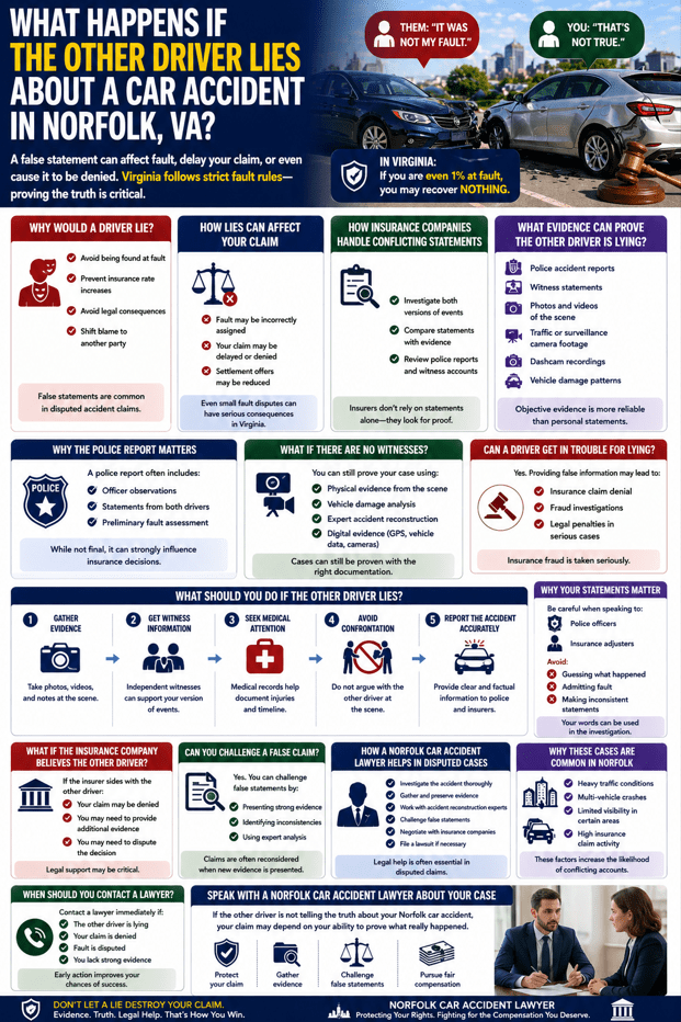 Infographic explaining what happens if the other driver lies about a car accident in Norfolk Virginia including evidence fault disputes and insurance claim impact