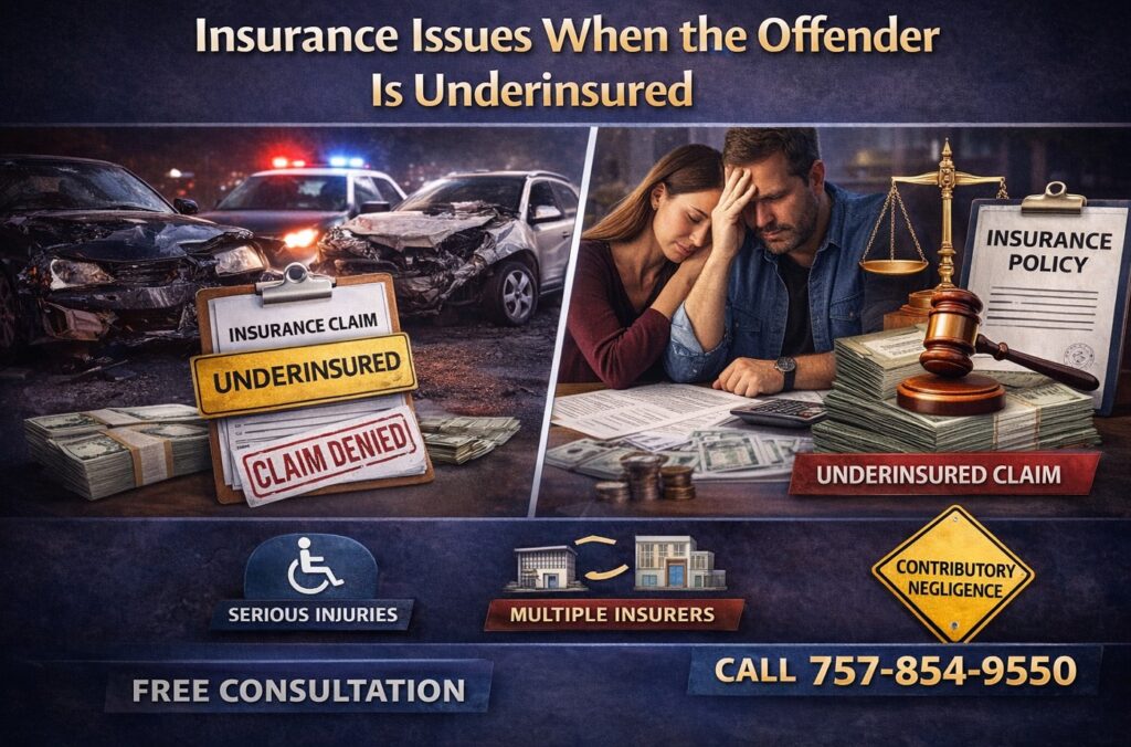 Underinsured driver accident in Virginia showing denied insurance claim, crash scene, and legal compensation issues